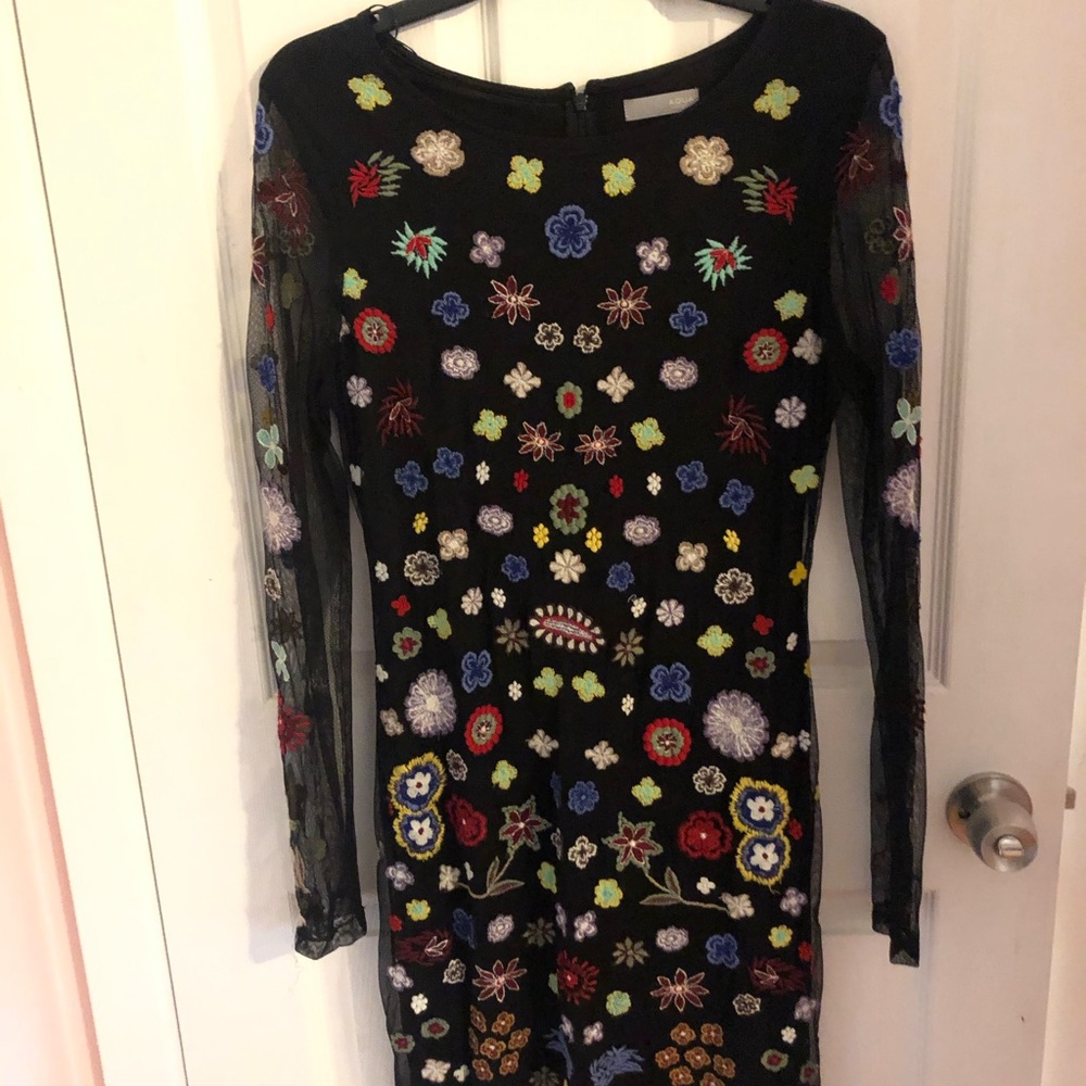 black floral patch embroidered long sleeve dress